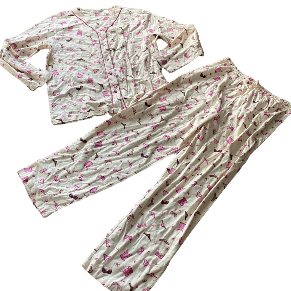 Delicates Lingerie Print Flannel Pajama Set Pink White Lounge SIZE L